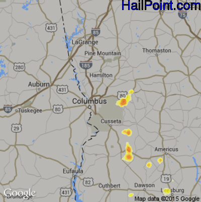 Hail Map for Columbus, GA Region on June 25, 2016