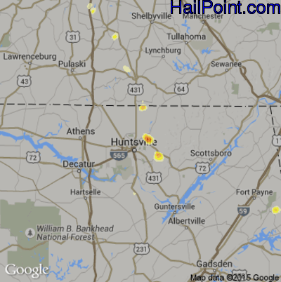 Hail Map for Huntsville, AL Region on June 25, 2016