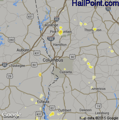 Hail Map for Columbus, GA Region on June 26, 2016
