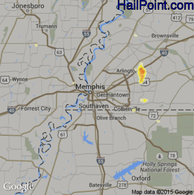Hail Map for Memphis, TN Region on June 27, 2016