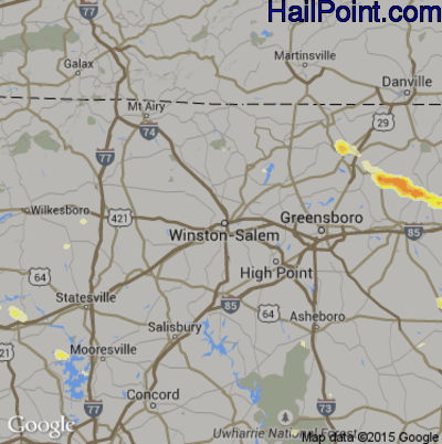 Hail Map for Winston-Salem, NC Region on June 29, 2016