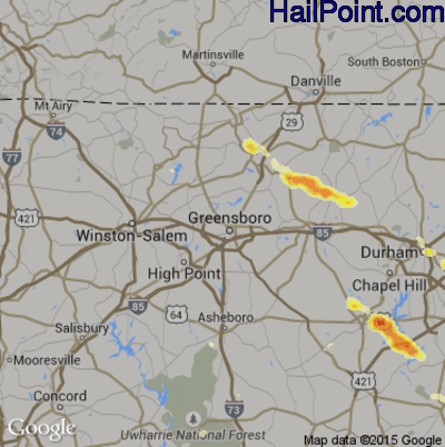 Hail Map for Greensboro, NC Region on June 29, 2016