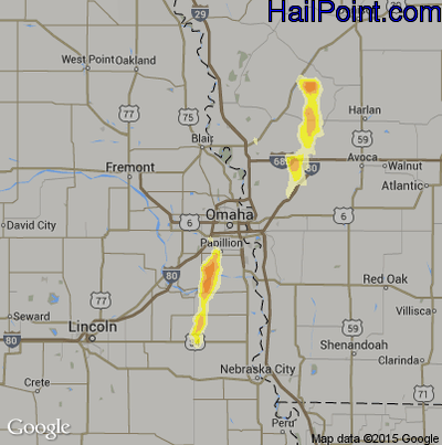 Hail Map for Omaha, NE Region on June 29, 2016