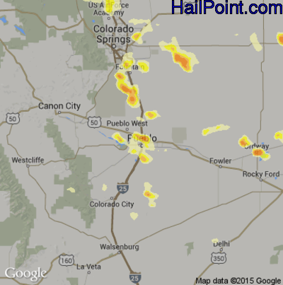 Hail Map for Pueblo, CO Region on July 8, 2016