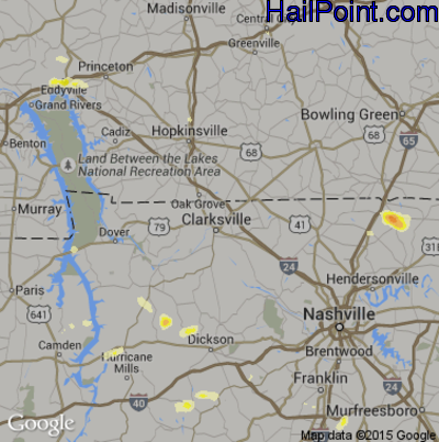 Hail Map for Clarksville, TN Region on July 8, 2016