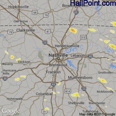 Hail Map for Nashville, TN Region on July 8, 2016 