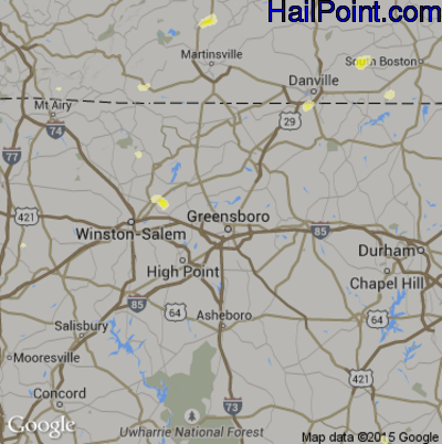 Hail Map for Greensboro, NC Region on July 8, 2016 
