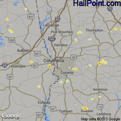 Hail Map for Columbus, GA Region on July 9, 2016