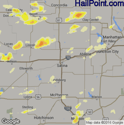 Hail Map for Salina, KS Region on July 12, 2016