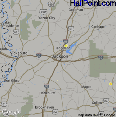 Hail Map for Jackson, MS Region on July 12, 2016 