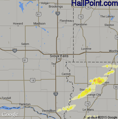 Hail Map for Sioux Falls, SD Region on July 13, 2016
