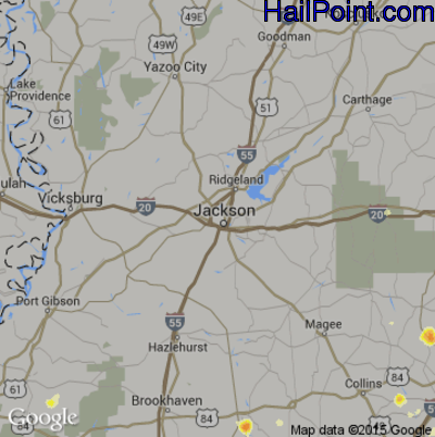 Hail Map for Jackson, MS Region on July 13, 2016
