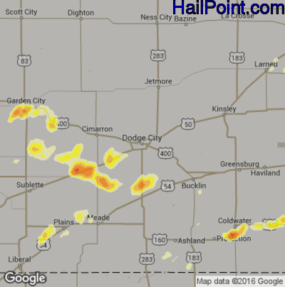 Hail Map for Dodge City, KS Region on July 14, 2016 