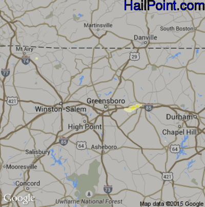 Hail Map for Greensboro, NC Region on July 15, 2016