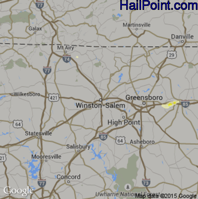Hail Map for Winston-Salem, NC Region on July 15, 2016