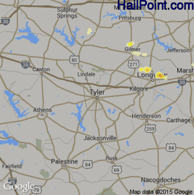 Hail Map for Tyler, TX Region on July 15, 2016