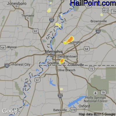 Hail Map for Memphis, TN Region on July 15, 2016
