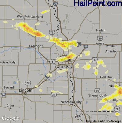 Hail Map for Omaha, NE Region on July 18, 2016