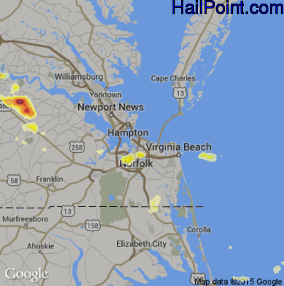 Hail Map for Norfolk, VA Region on July 19, 2016