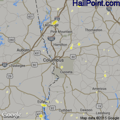 Hail Map for Columbus, GA Region on July 19, 2016