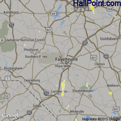 Hail Map for Fayetteville, NC Region on July 19, 2016