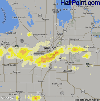 Hail Map for Winnapeg, Can Region on July 21, 2016 