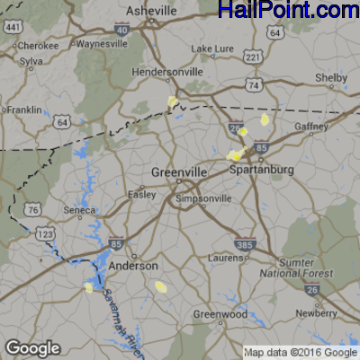 Hail Map for Greenville, SC Region on July 21, 2016