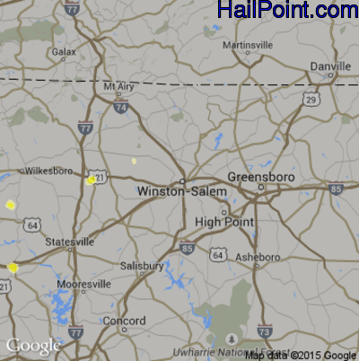 Hail Map for Winston-Salem, NC Region on July 22, 2016