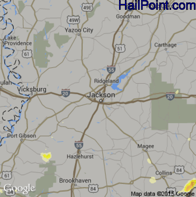 Hail Map for Jackson, MS Region on July 22, 2016