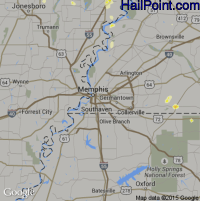 Hail Map for Memphis, TN Region on July 22, 2016 