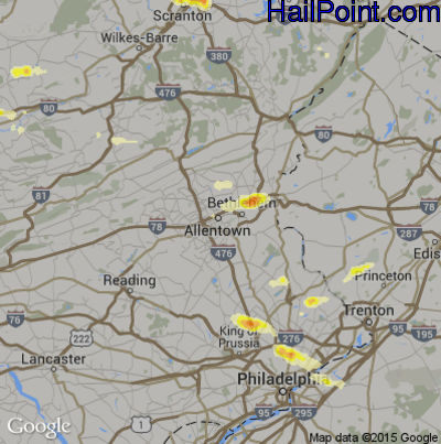 Hail Map for Allentown, PA Region on July 25, 2016