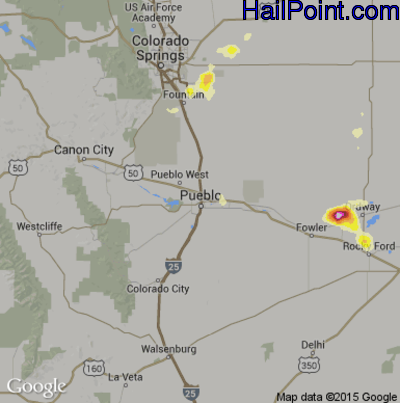 Hail Map for Pueblo, CO Region on July 25, 2016 