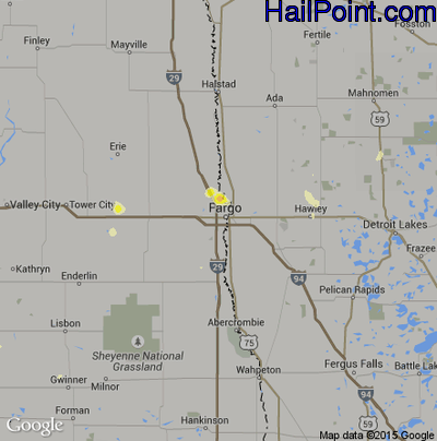 Hail Map for Fargo, ND Region on July 26, 2016