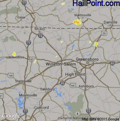 Hail Map for Winston-Salem, NC Region on July 27, 2016