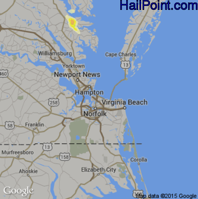 Hail Map for Norfolk, VA Region on July 27, 2016