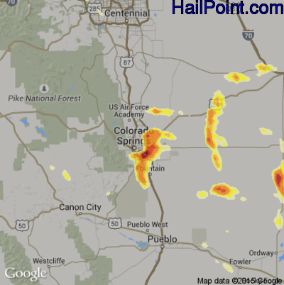 Hail Map for Colorado Springs, CO Region on July 29, 2016