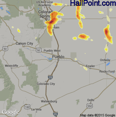Hail Map for Pueblo, CO Region on July 29, 2016