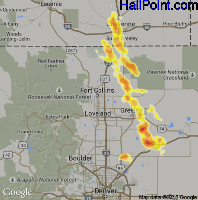 Hail Map for Fort Collins, CO Region on July 29, 2016