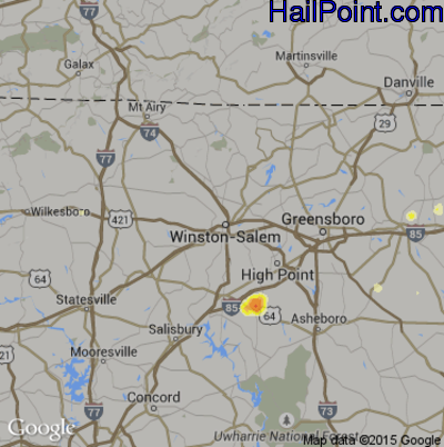 Hail Map for Winston-Salem, NC Region on July 31, 2016 