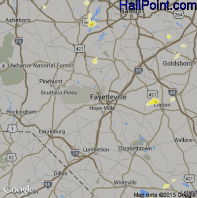 Hail Map for Fayetteville, NC Region on July 31, 2016