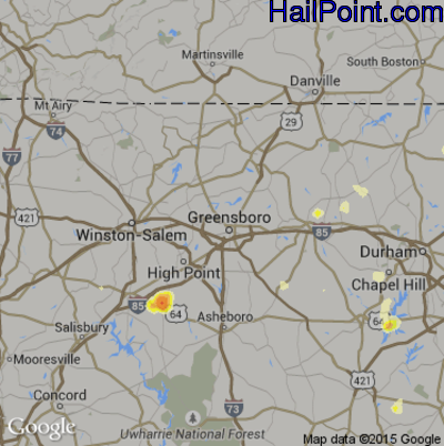 Hail Map for Greensboro, NC Region on July 31, 2016