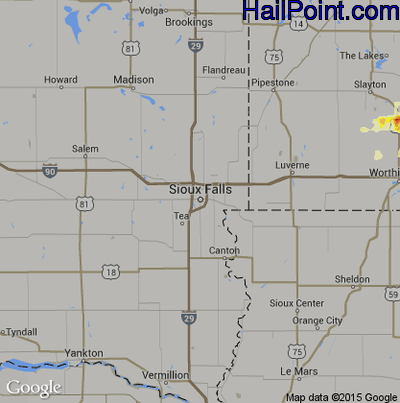 Hail Map for Sioux Falls, SD Region on August 7, 2016