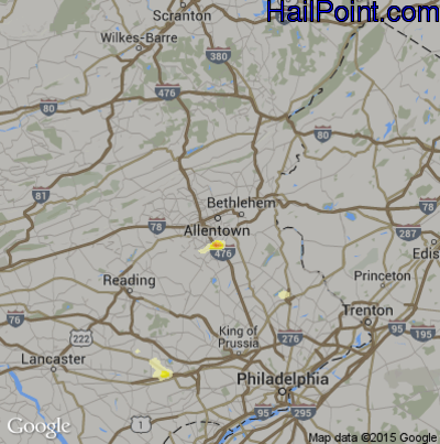 Hail Map for Allentown, PA Region on August 12, 2016