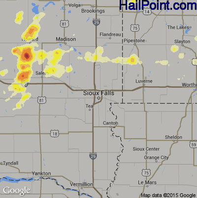 Hail Map for Sioux Falls, SD Region on August 18, 2016