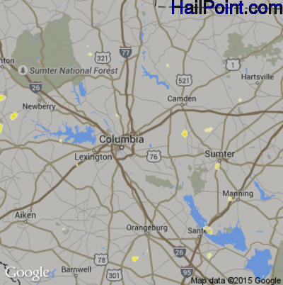 Hail Map for Columbia, SC Region on August 18, 2016