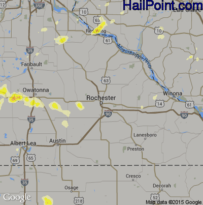 Hail Map for Rochester, MN Region on August 18, 2016