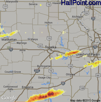 Hail Map for Topeka, KS Region on August 24, 2016