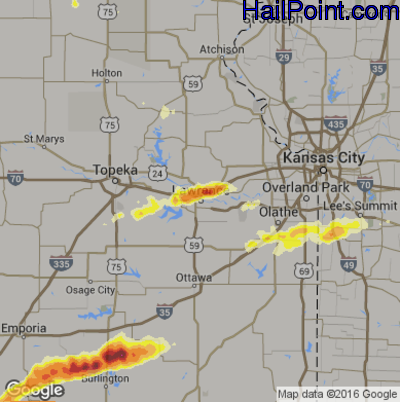 Hail Map for Lawerence, KS Region on August 24, 2016