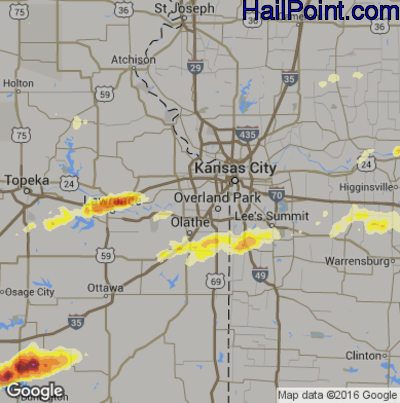 Hail Map for Shawnee, KS Region on August 24, 2016
