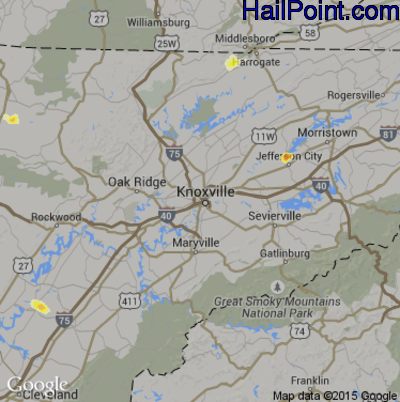 Hail Map for Knoxville, TN Region on August 27, 2016 